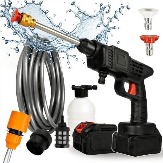 Akumuliatorinis aukšto slėgio plovimo įrenginys su 2 akumuliatoriais + PRIEDAI